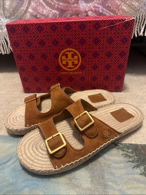 Tory Burch Chestnut Suede Double-Buckle Espadrille Slides
